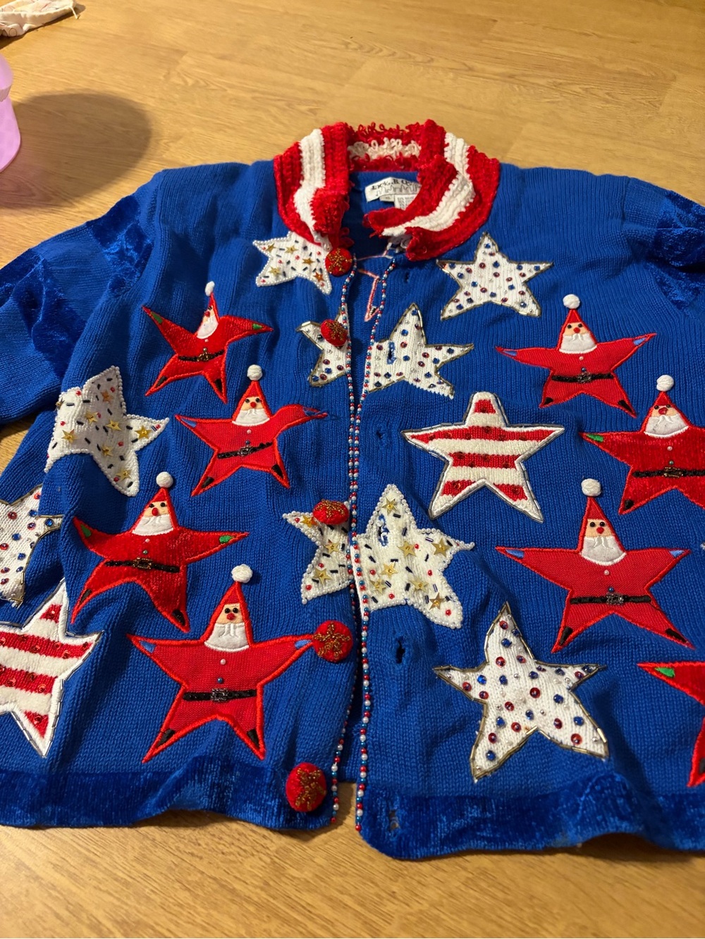 Vintage Festive Blue Star Santa Appliqué Cardigan Sweater - Red & White Accents